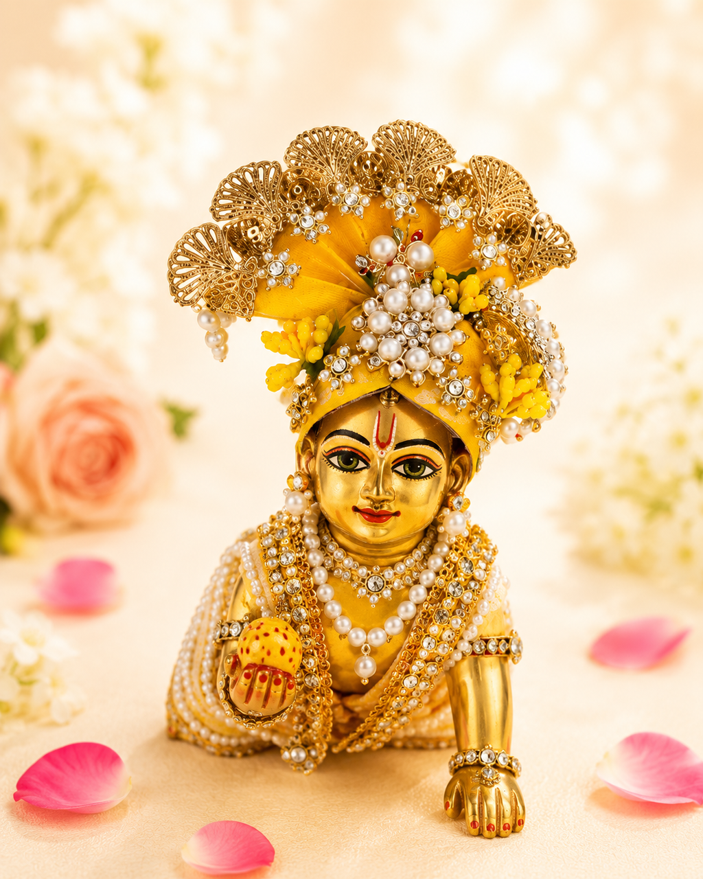 Yellow Pearl & Crystal Embellished - Laddu Gopal Mukut