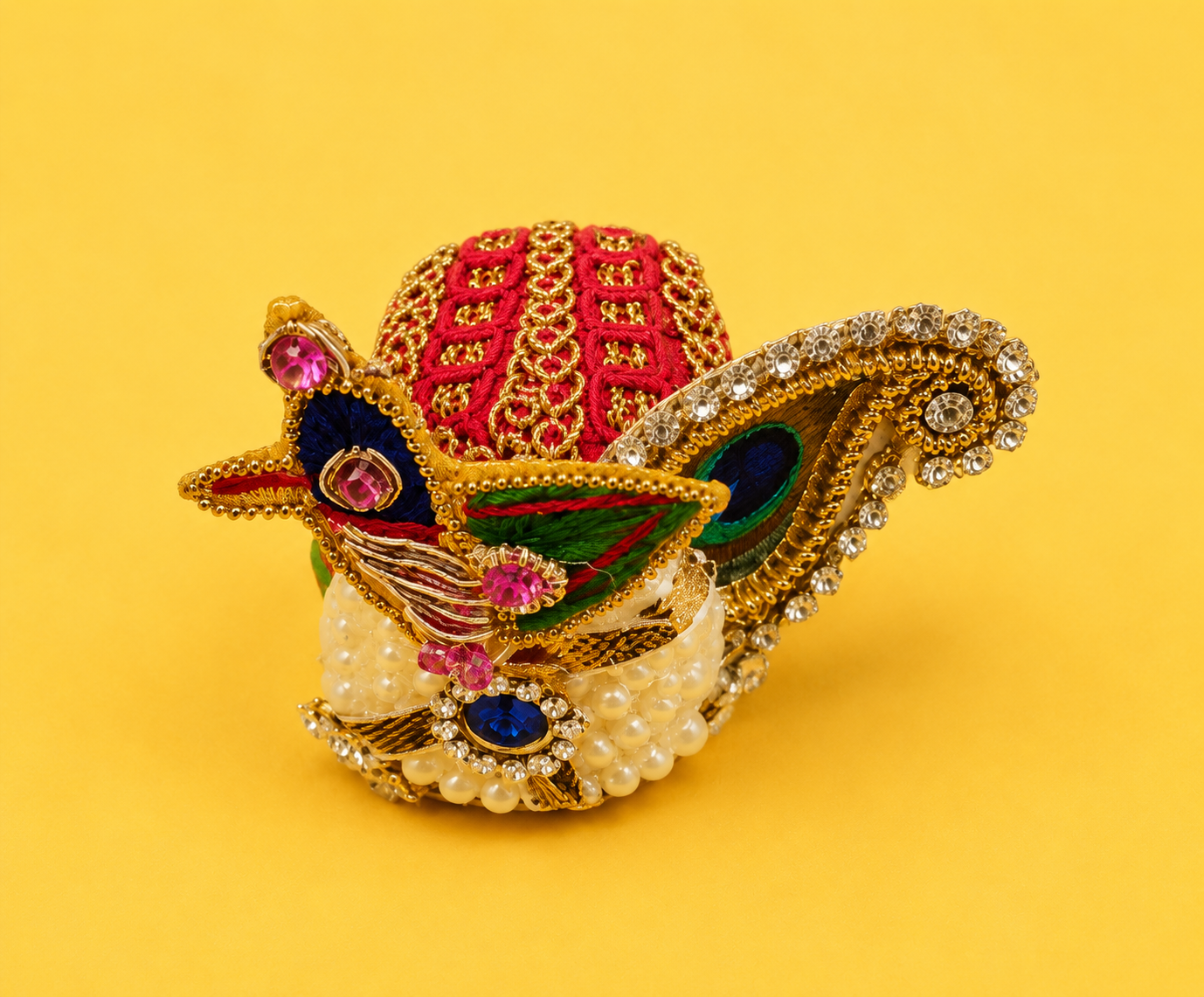 Zari Work Mor Pankh Pagdi for Laddu Gopal - Red & Gold (Size 2)