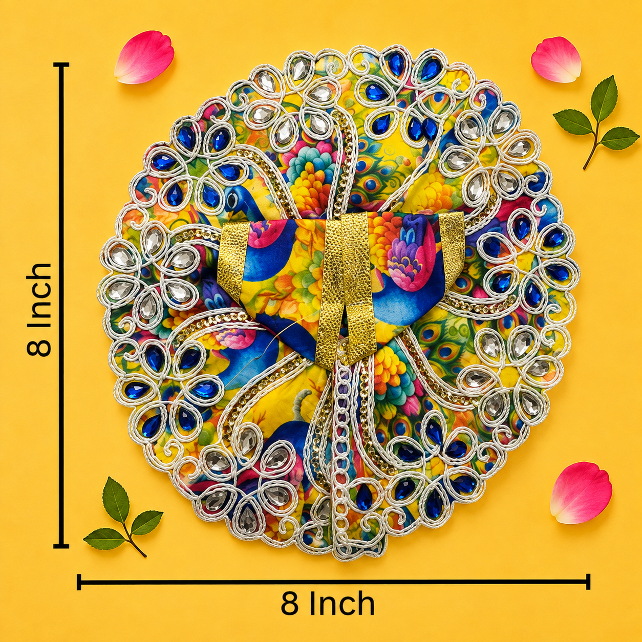 Vibrant Yellow Multicolor Printed Laddu Gopal Poshak with Heavy Blue Stone Work