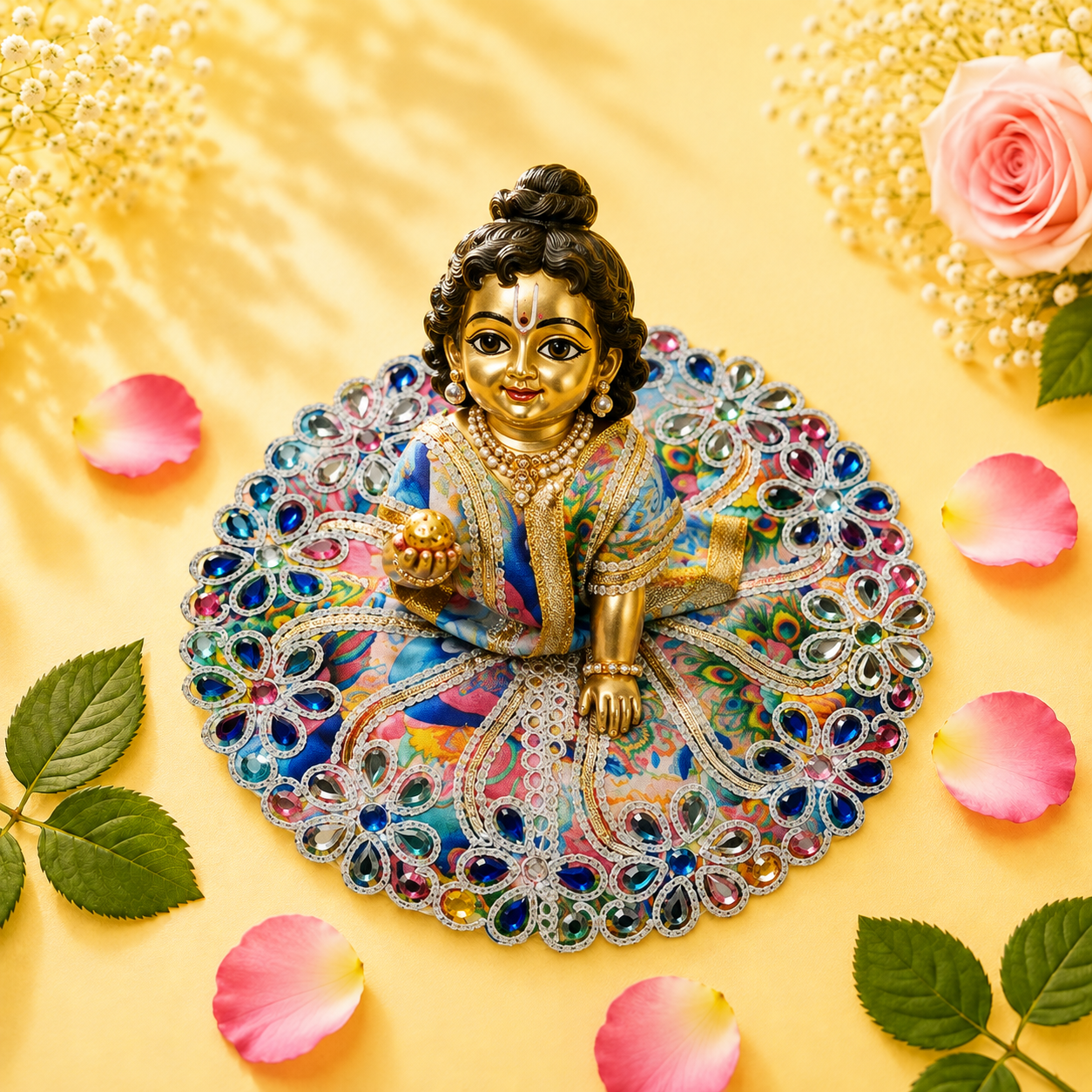 Vibrant Blue Multicolor Printed Laddu Gopal Poshak with Heavy Stone Work
