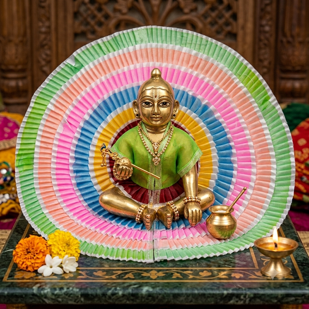 Multicolor Pleated Ring Ladoo Gopal Poshak – Green Center