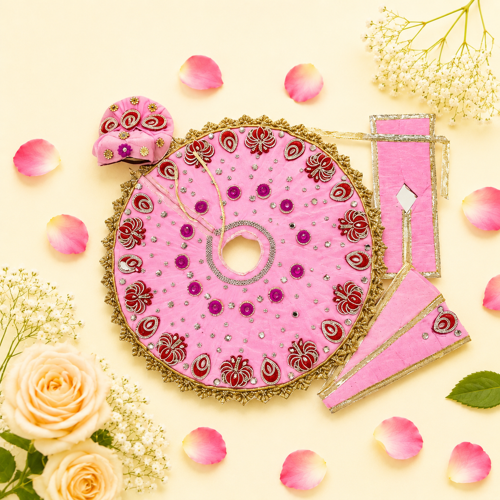 Pink & Maroon Floral Mirror Work Ladoo Gopal Poshak Set