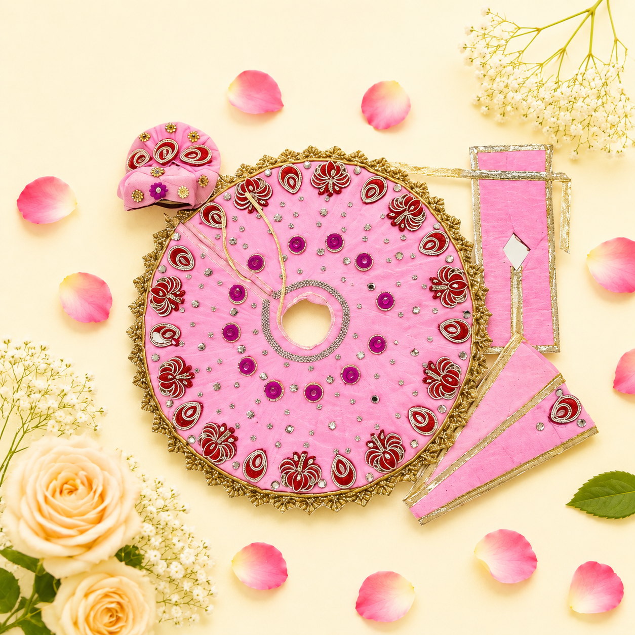 Pink & Maroon Floral Mirror Work Ladoo Gopal Poshak Set