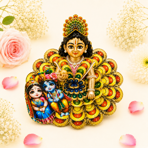 Yellow Krishna-Radha Printed Peacock Mandala Poshak Set