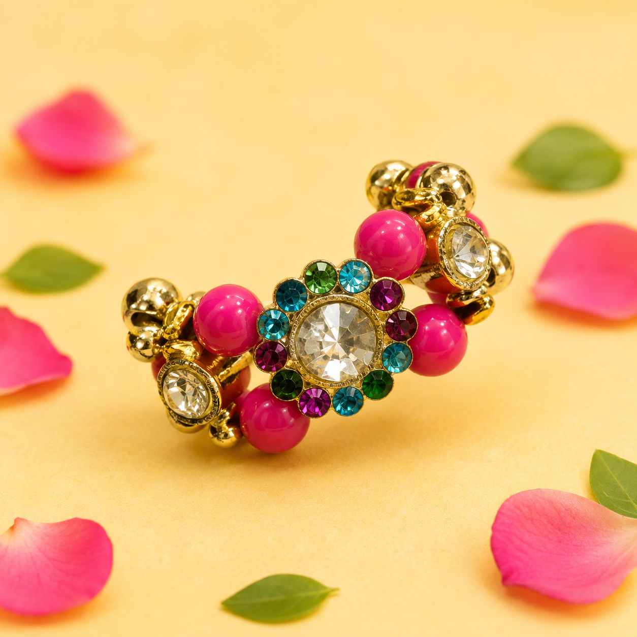 Rhinestone Beaded Open Cuff Kada for Kanha Ji - Pink & Gold (Size 2) (1 pair)