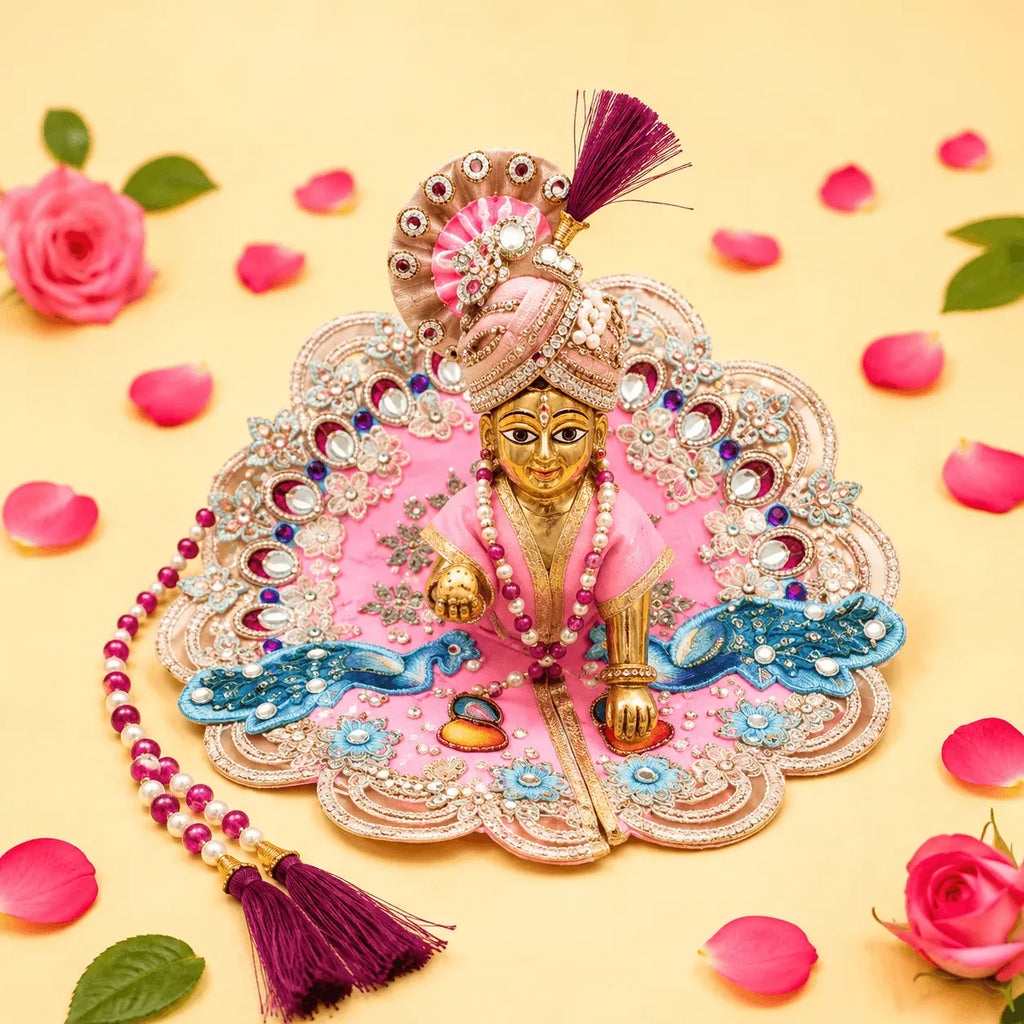Bal Krishna Peacock Embroidered Laddu Gopal Poshak Set - Pink (Size 5 - Var 2)