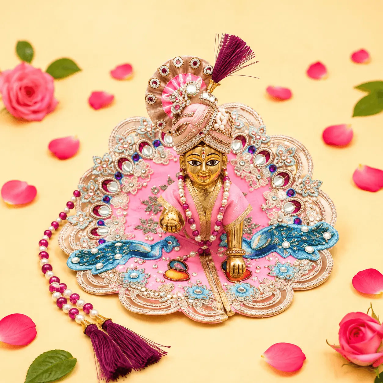 Bal Krishna Peacock Embroidered Laddu Gopal Poshak Set - Pink (Size 6)