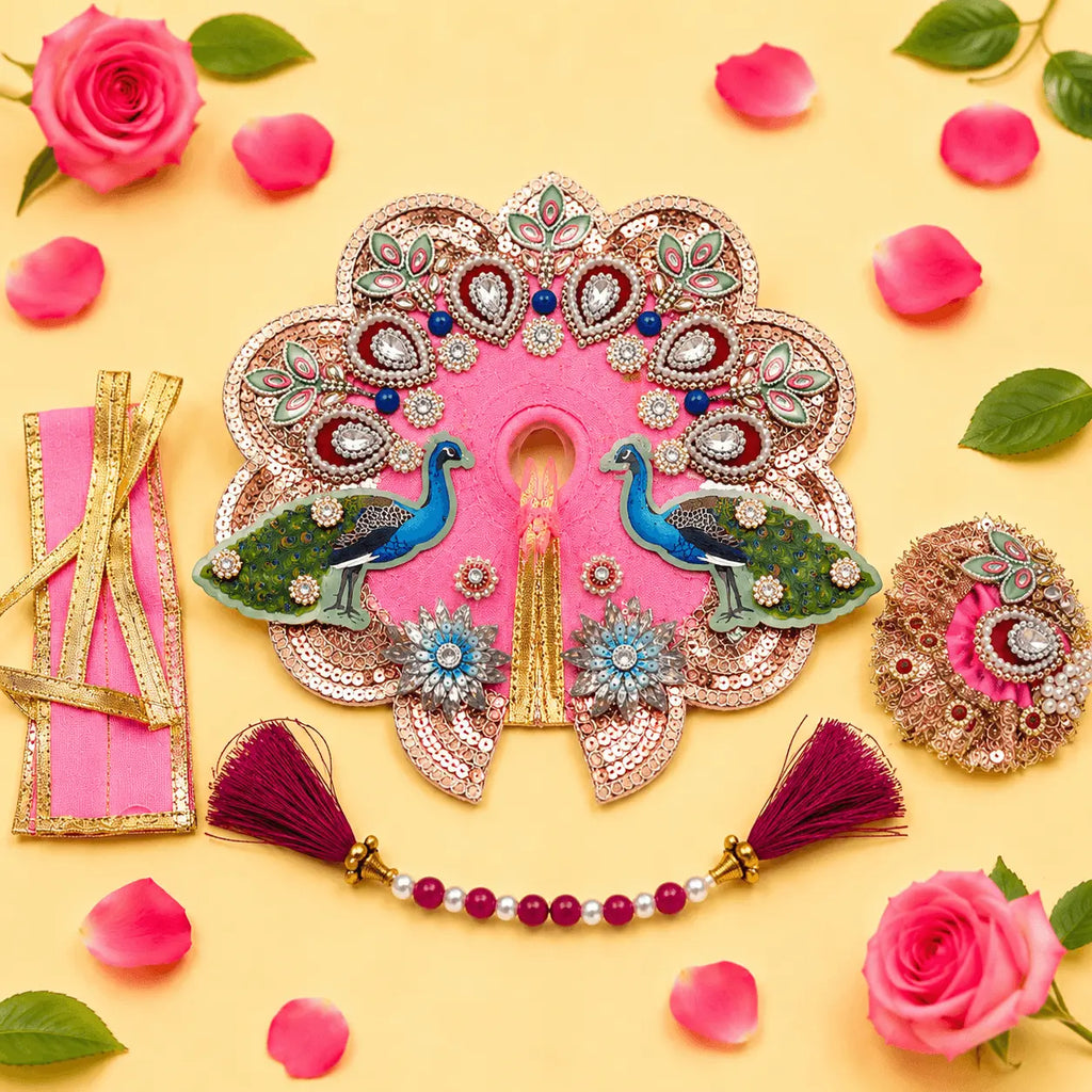 Bal Krishna Peacock Embroidered Laddu Gopal Poshak Set - Pink (Size 3)