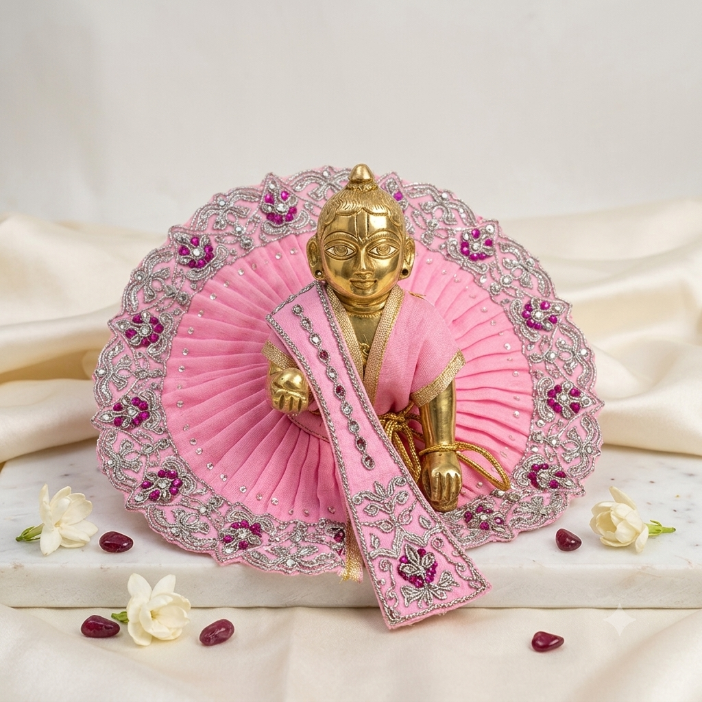 Pink Crystal Embroidered Ladoo Gopal Poshak Set – Flat Lay