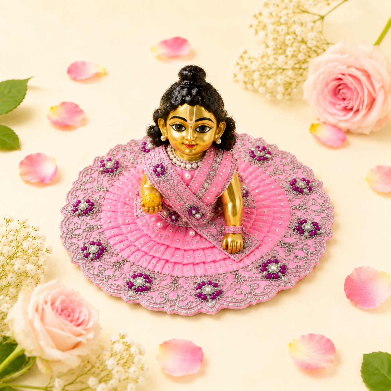 Pink Crystal Embroidered Ladoo Gopal Poshak Set – Flat Lay
