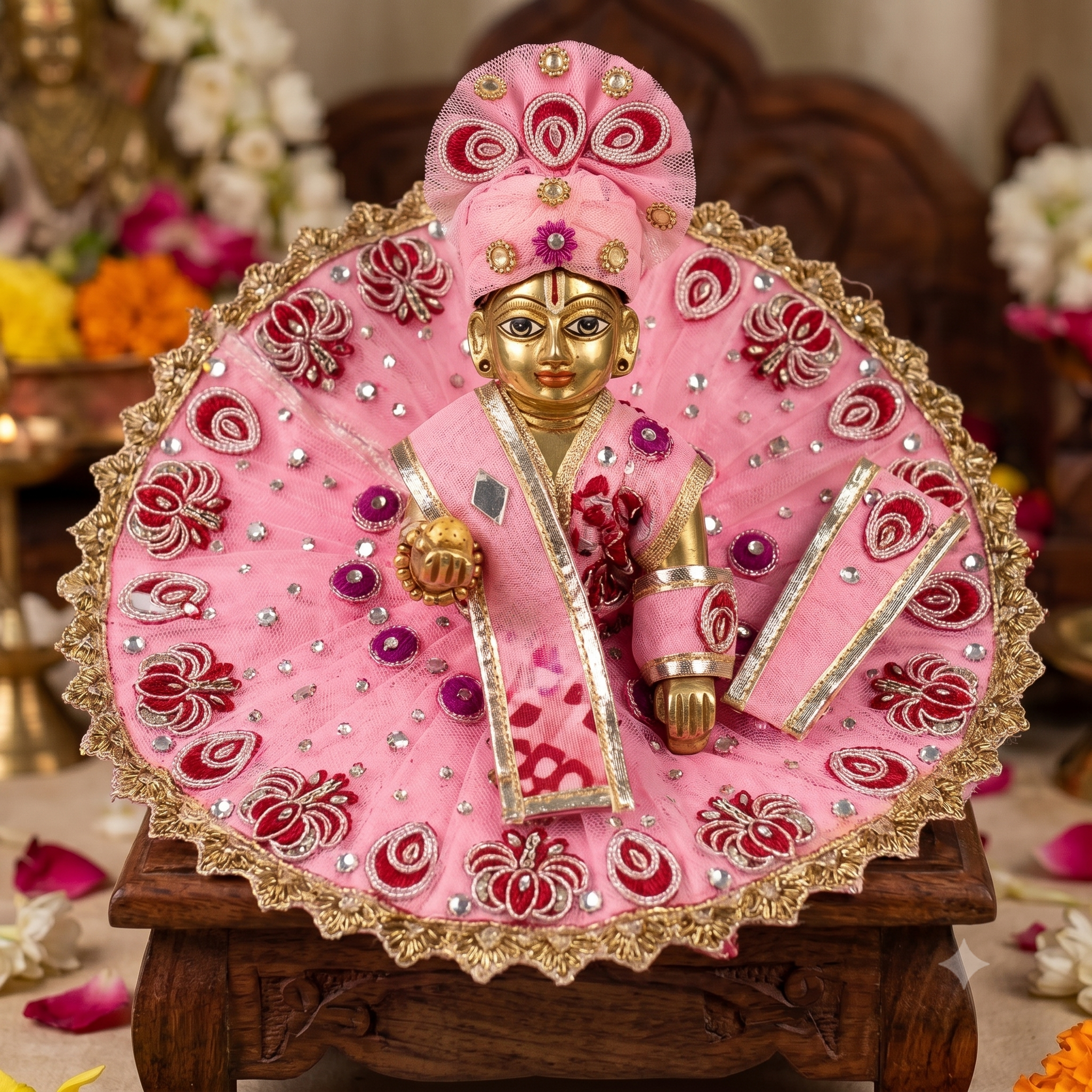 Pink & Maroon Floral Mirror Work Ladoo Gopal Poshak Set