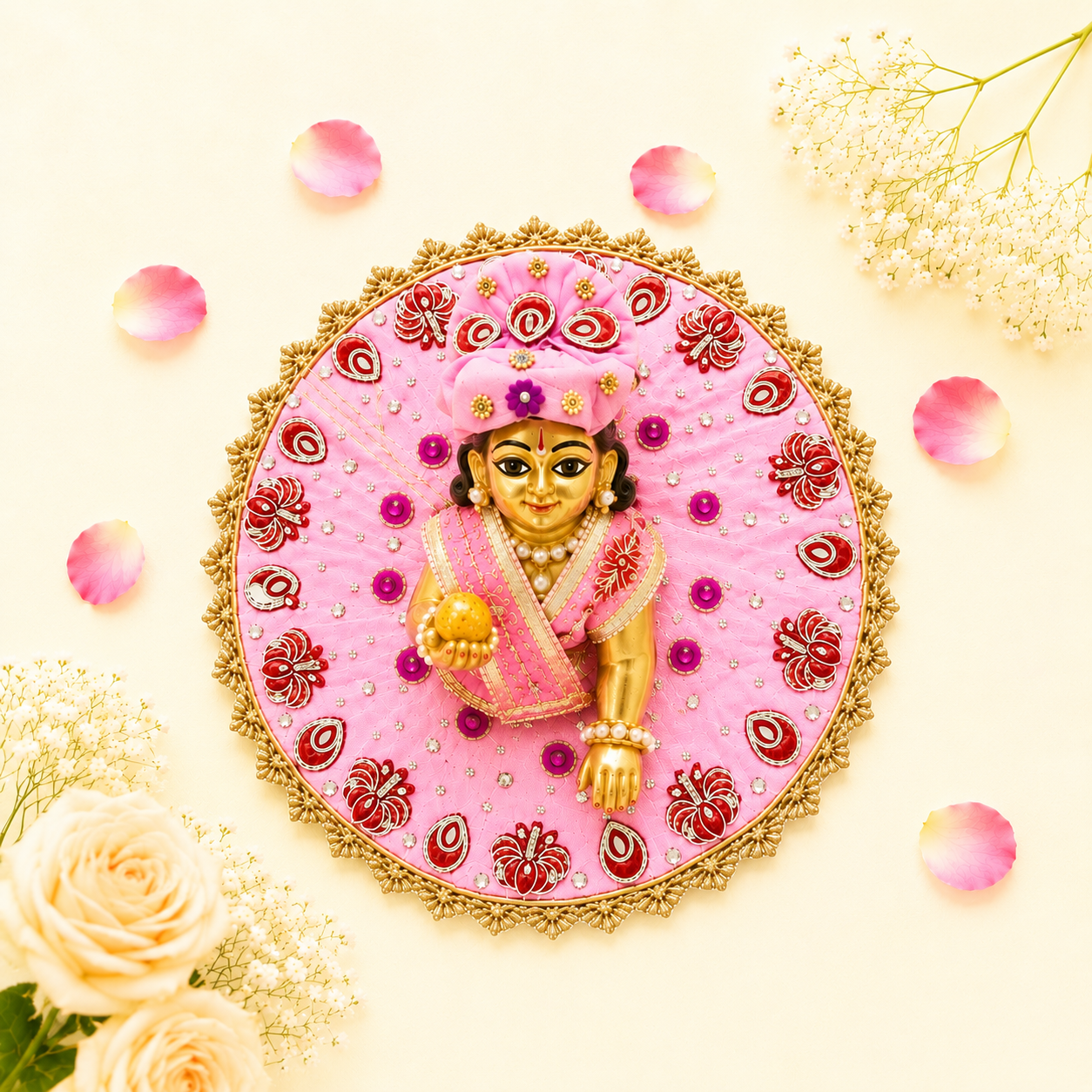 Pink & Maroon Floral Mirror Work Ladoo Gopal Poshak Set