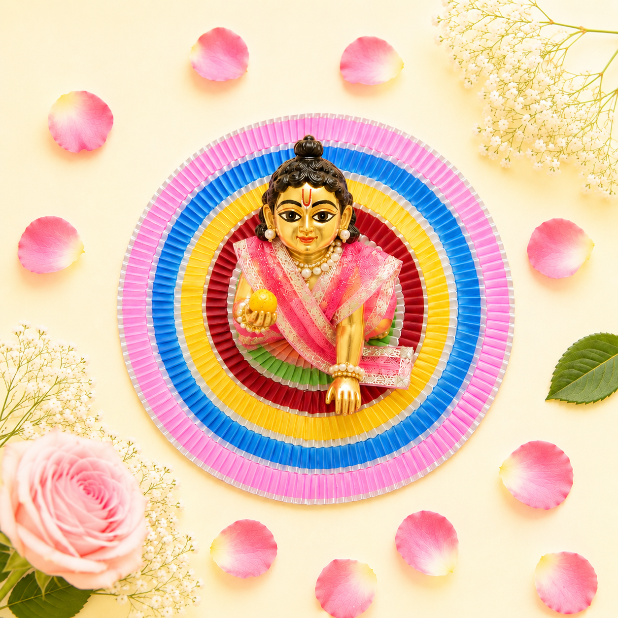 Multicolor Rainbow Pleated Ring Ladoo Gopal Poshak