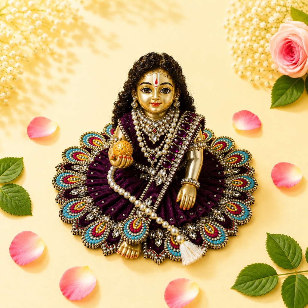Heavy Motif Purple Silk Poshak Set for Laddu Gopal (with Choli & Patka)