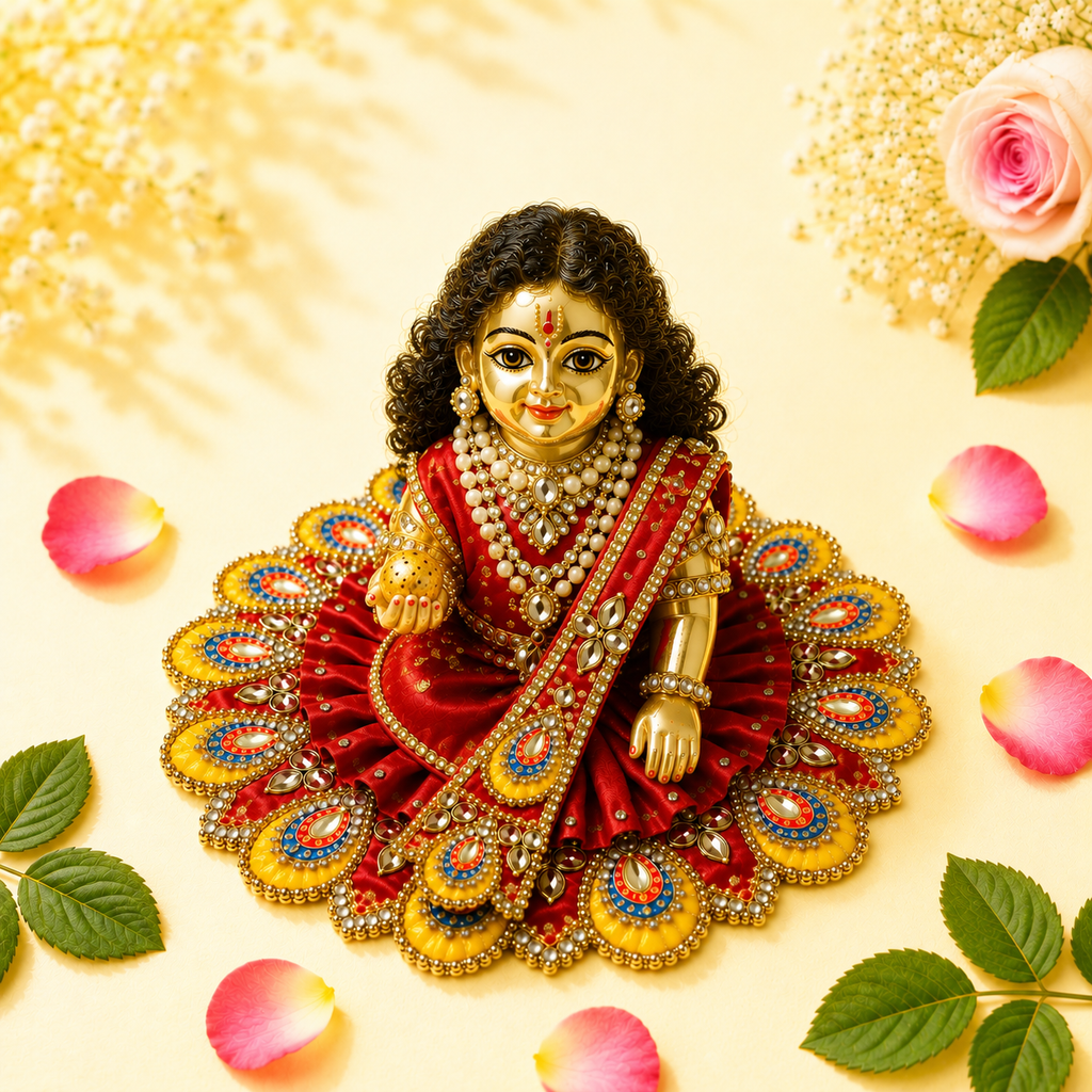 Heavy Motif Red Silk Poshak Set for Laddu Gopal (with Choli & Patka)