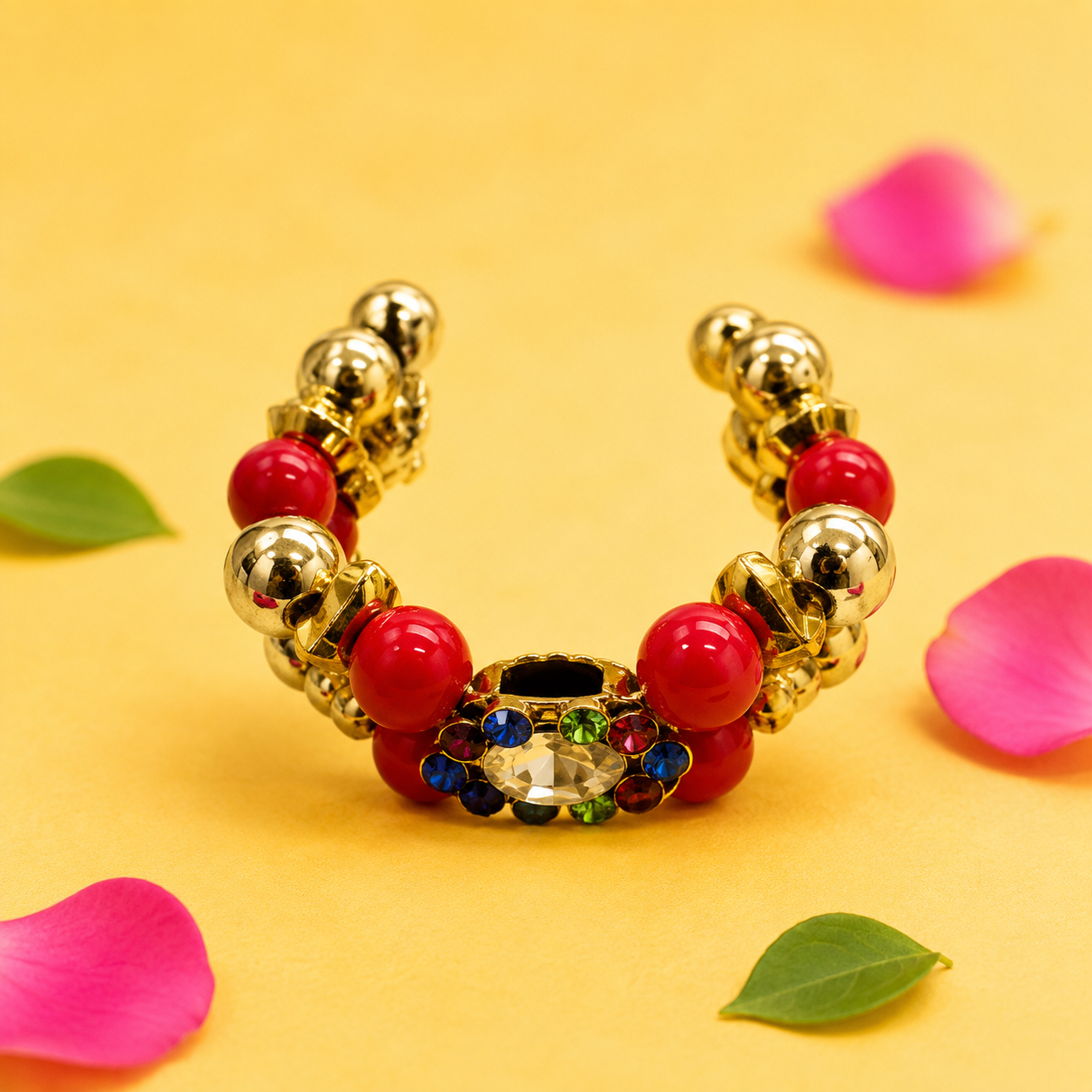 Rhinestone Beaded Open Cuff Kada for Kanha Ji - Red & Gold (Size 2) (1 pair)