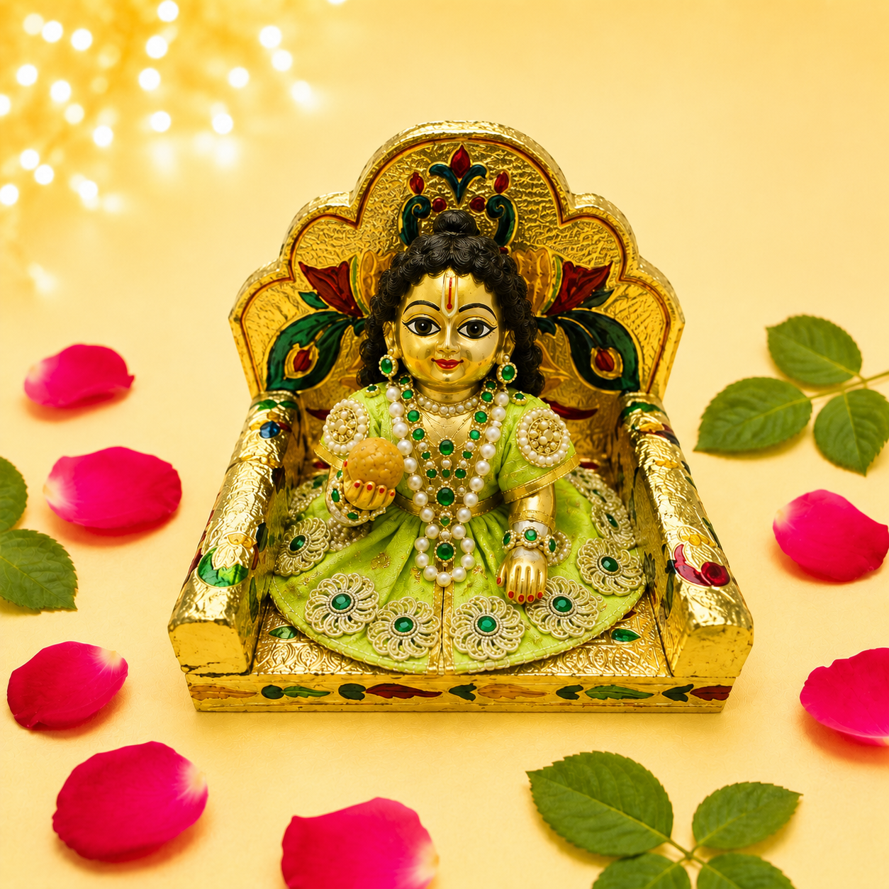 Golden Meenakari Peacock Singhasan for Laddu Gopal (Embossed Floral Seat)