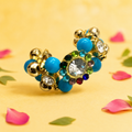 Rhinestone Beaded Open Cuff Kada for Kanha Ji - Turquoise Blue & Gold (Size 2) (1 pair)