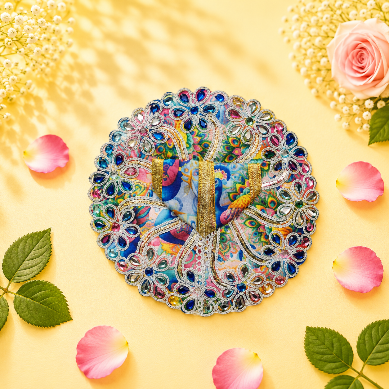 Vibrant Blue Multicolor Printed Laddu Gopal Poshak with Heavy Stone Work