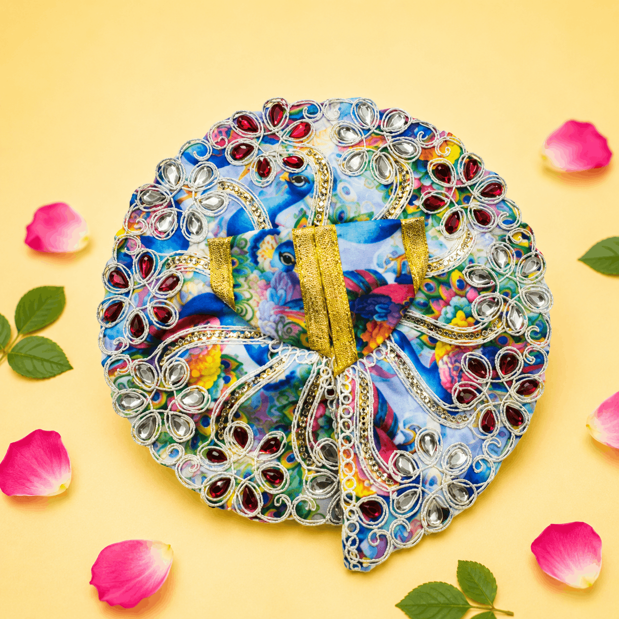 Vibrant Light Blue Multicolor Printed Laddu Gopal Poshak with Heavy Red Stone Work