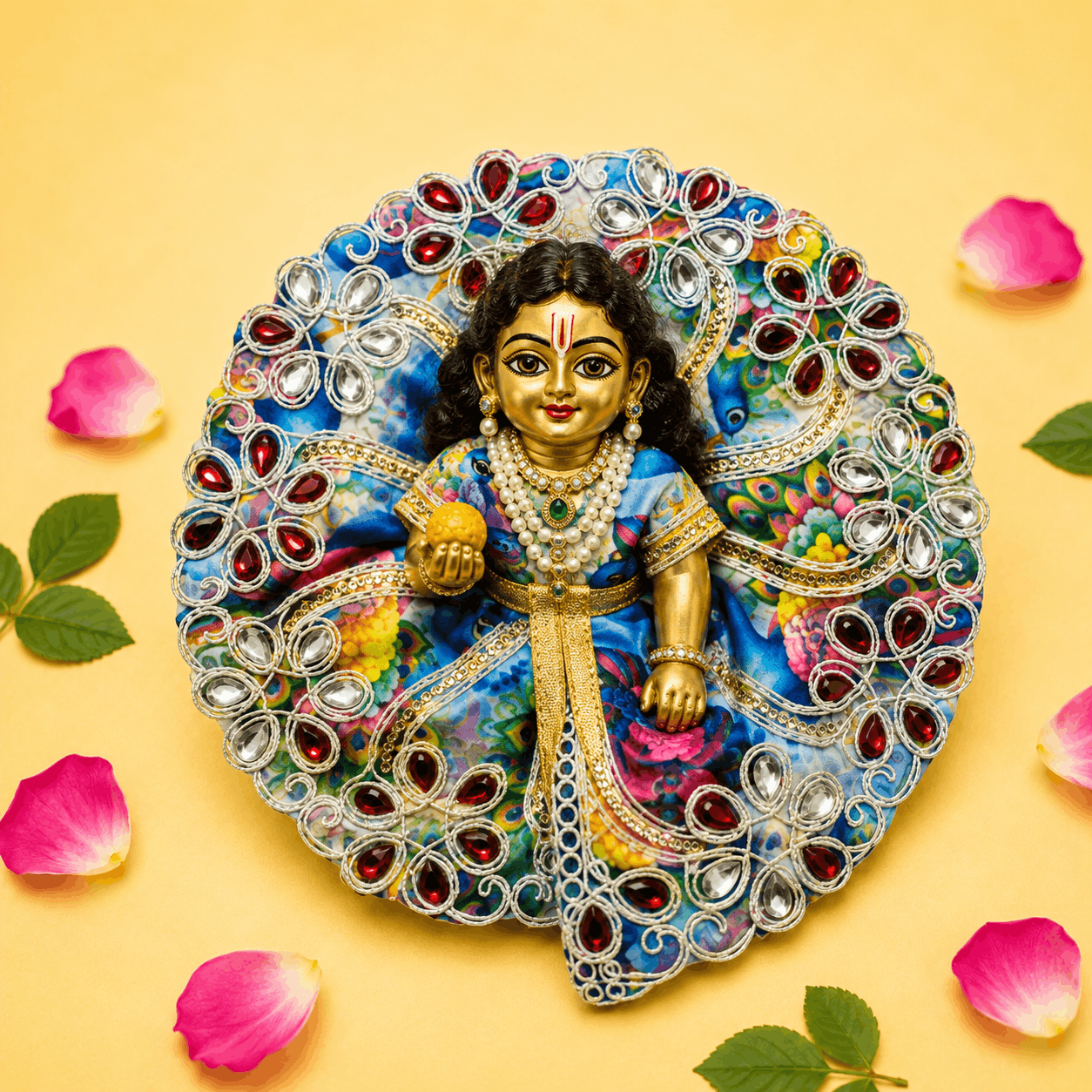 Vibrant Light Blue Multicolor Printed Laddu Gopal Poshak with Heavy Red Stone Work