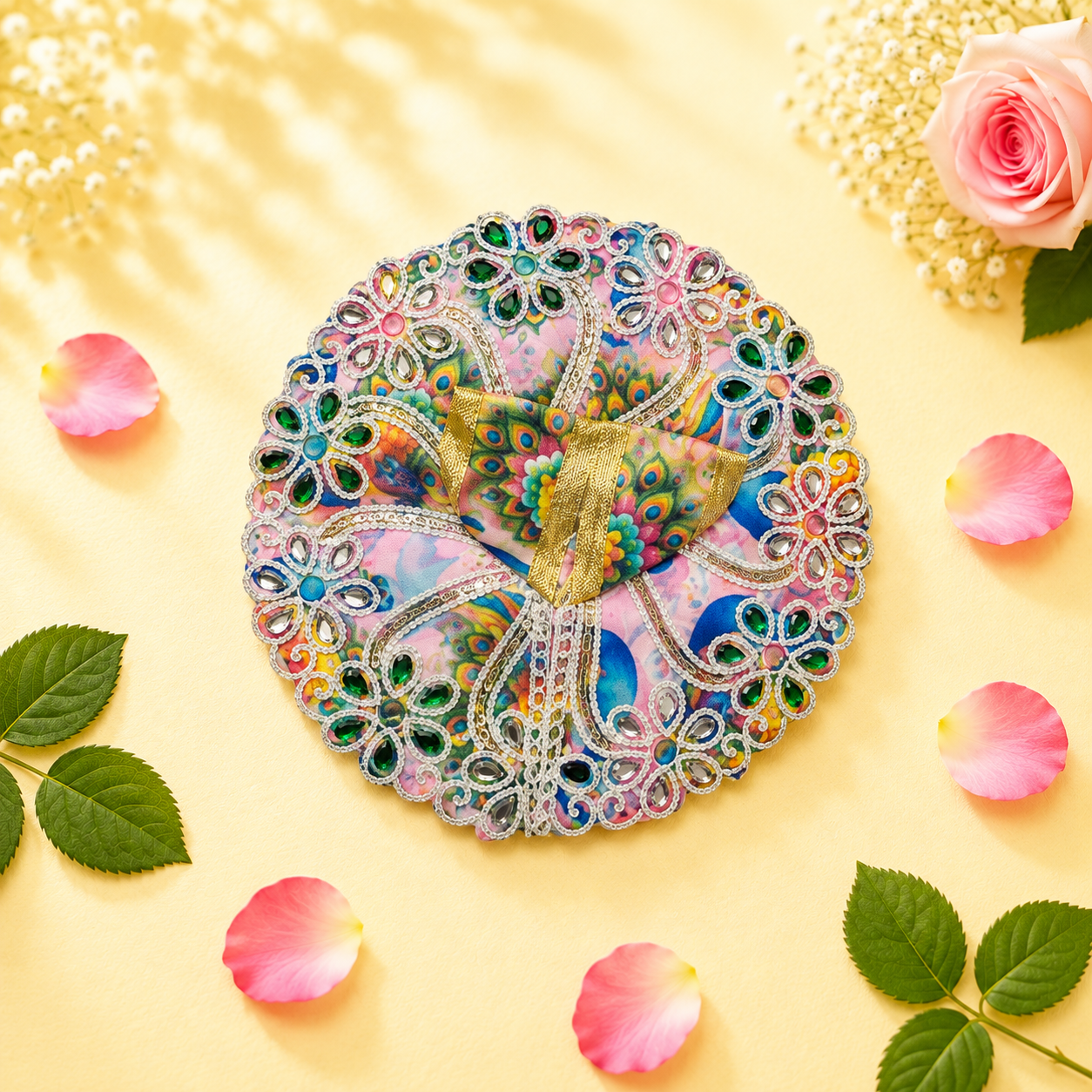 Vibrant Multicolor Printed Laddu Gopal Poshak with Heavy Green Stone Work