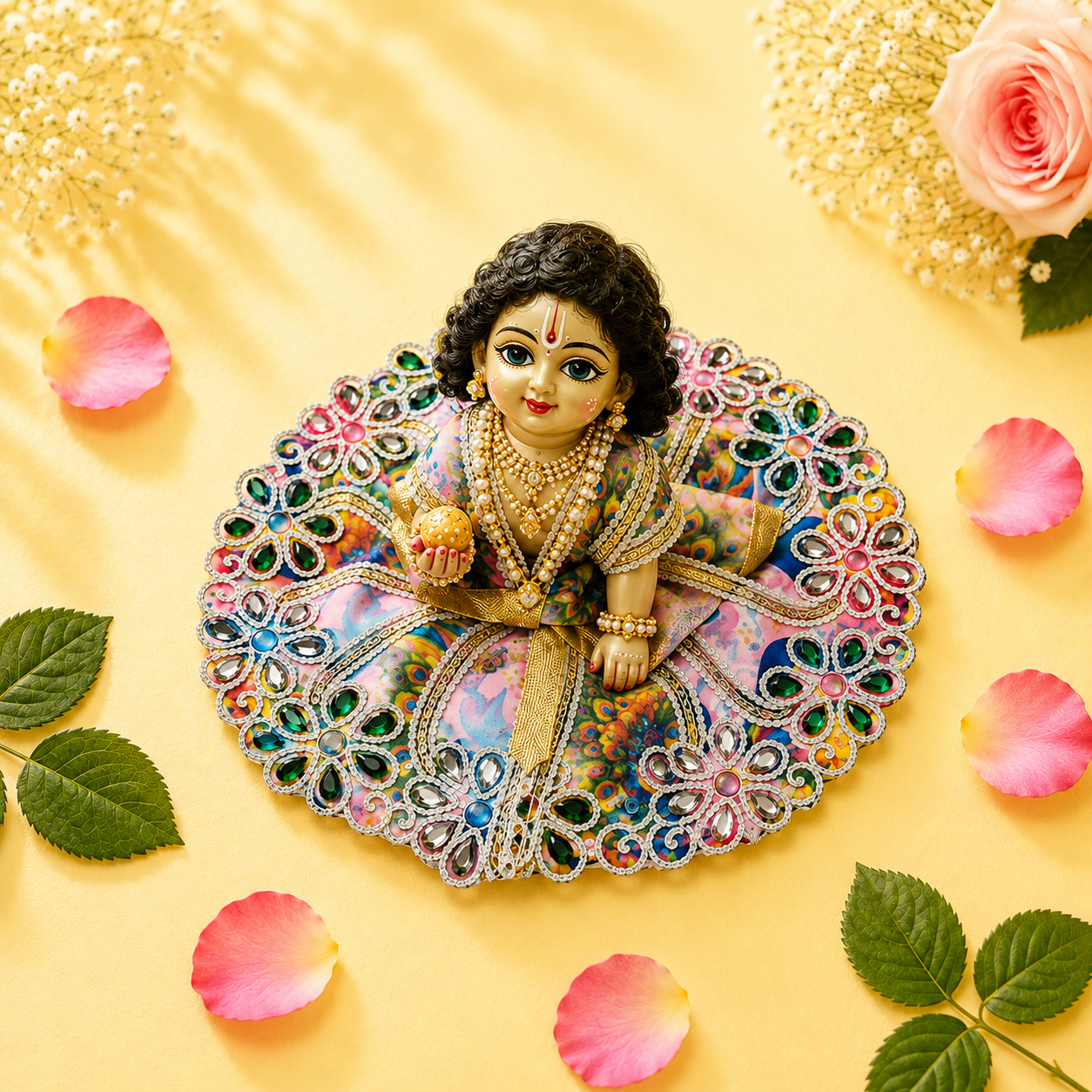Vibrant Multicolor Printed Laddu Gopal Poshak with Heavy Green Stone Work