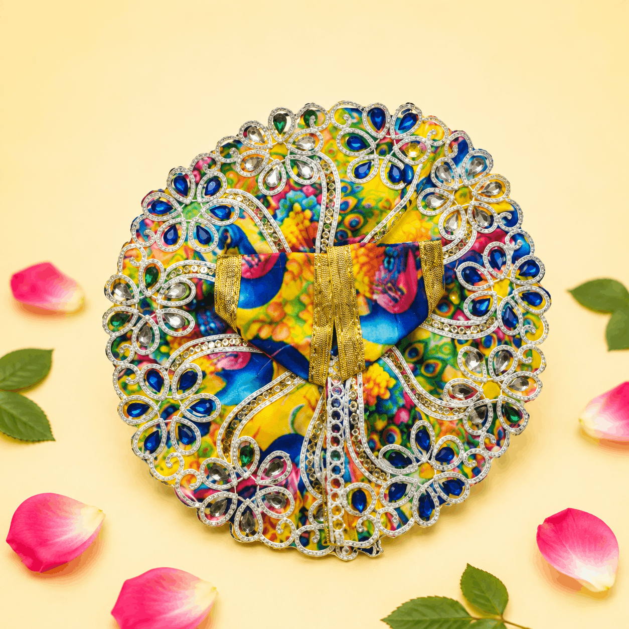 Vibrant Yellow Multicolor Printed Laddu Gopal Poshak with Heavy Blue Stone Work