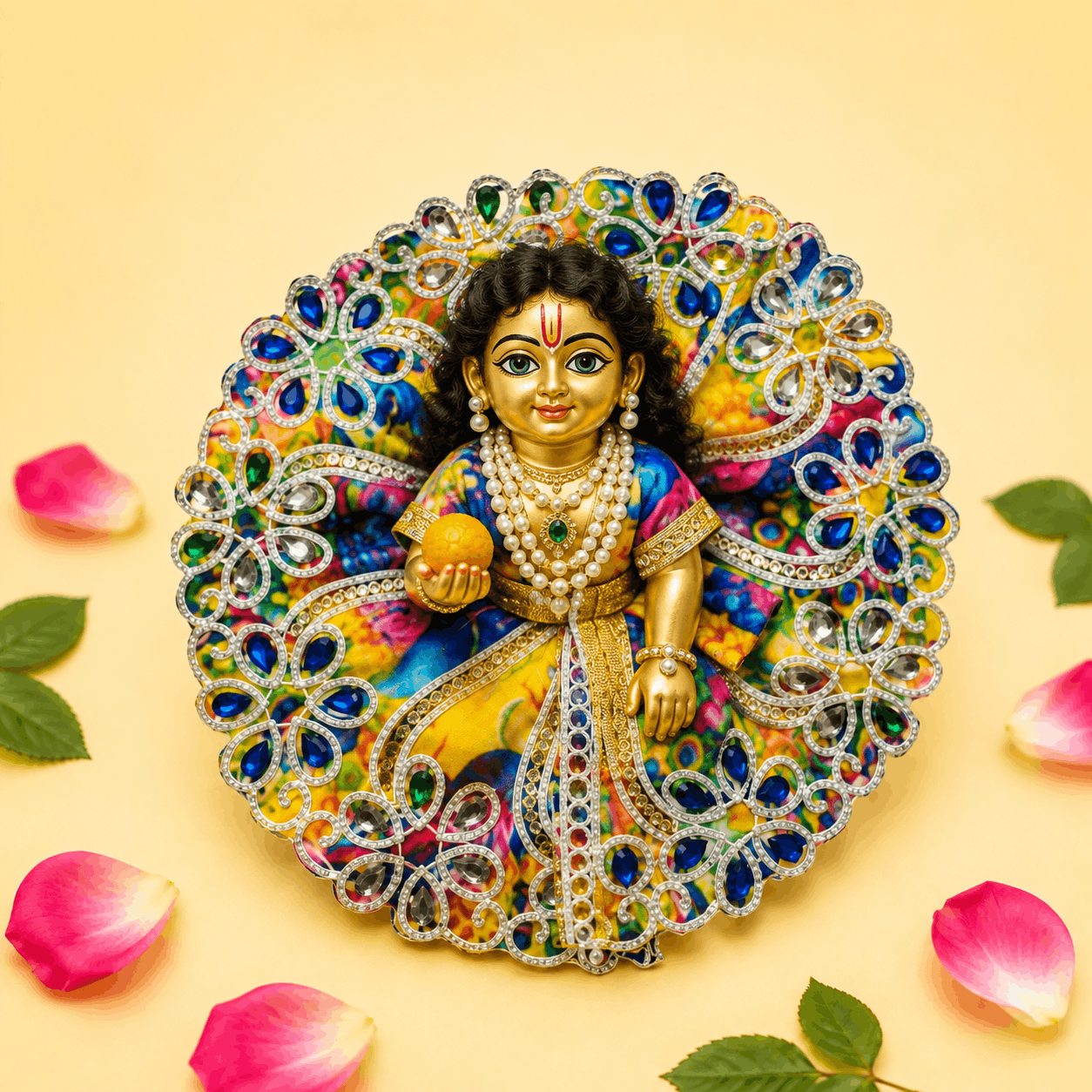 Vibrant Yellow Multicolor Printed Laddu Gopal Poshak with Heavy Blue Stone Work