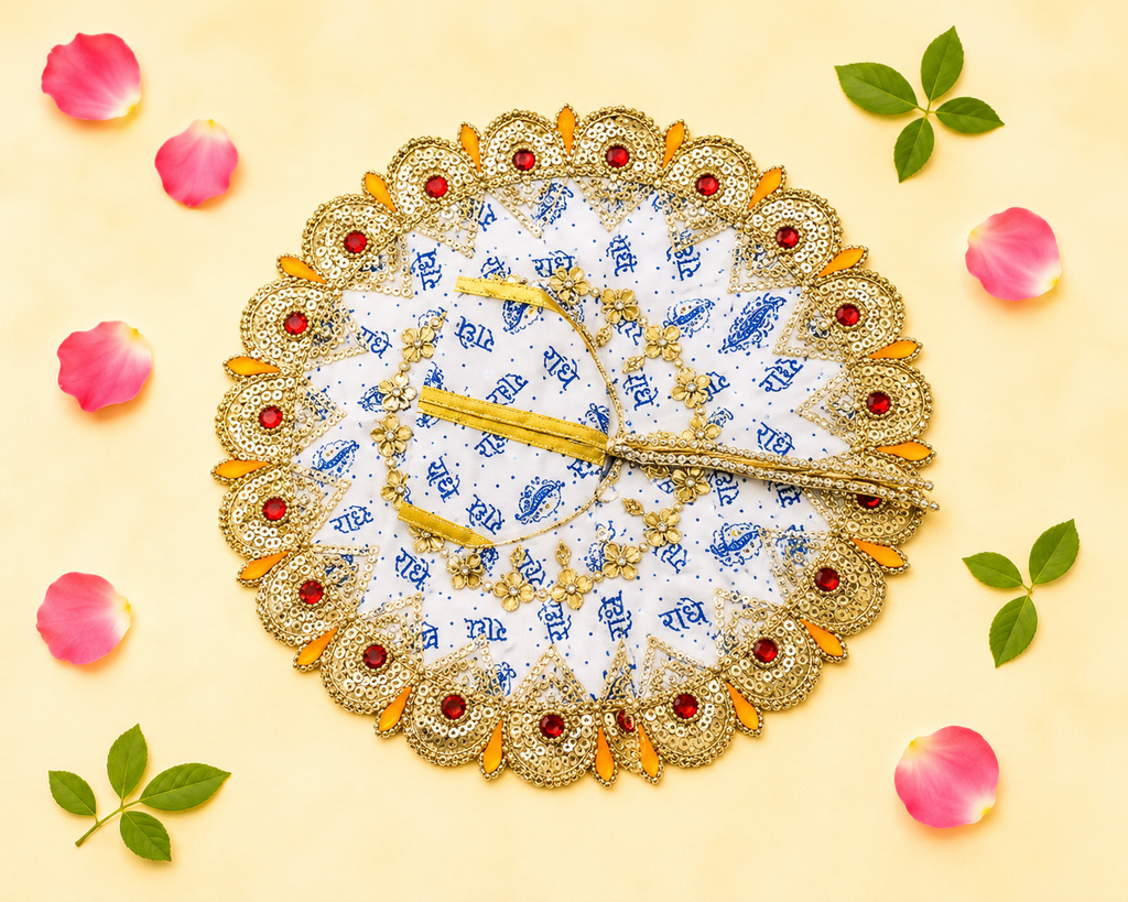 White & Blue "Radhe Radhe" Printed Laddu Gopal Poshak with Heavy Gold & Stone Border