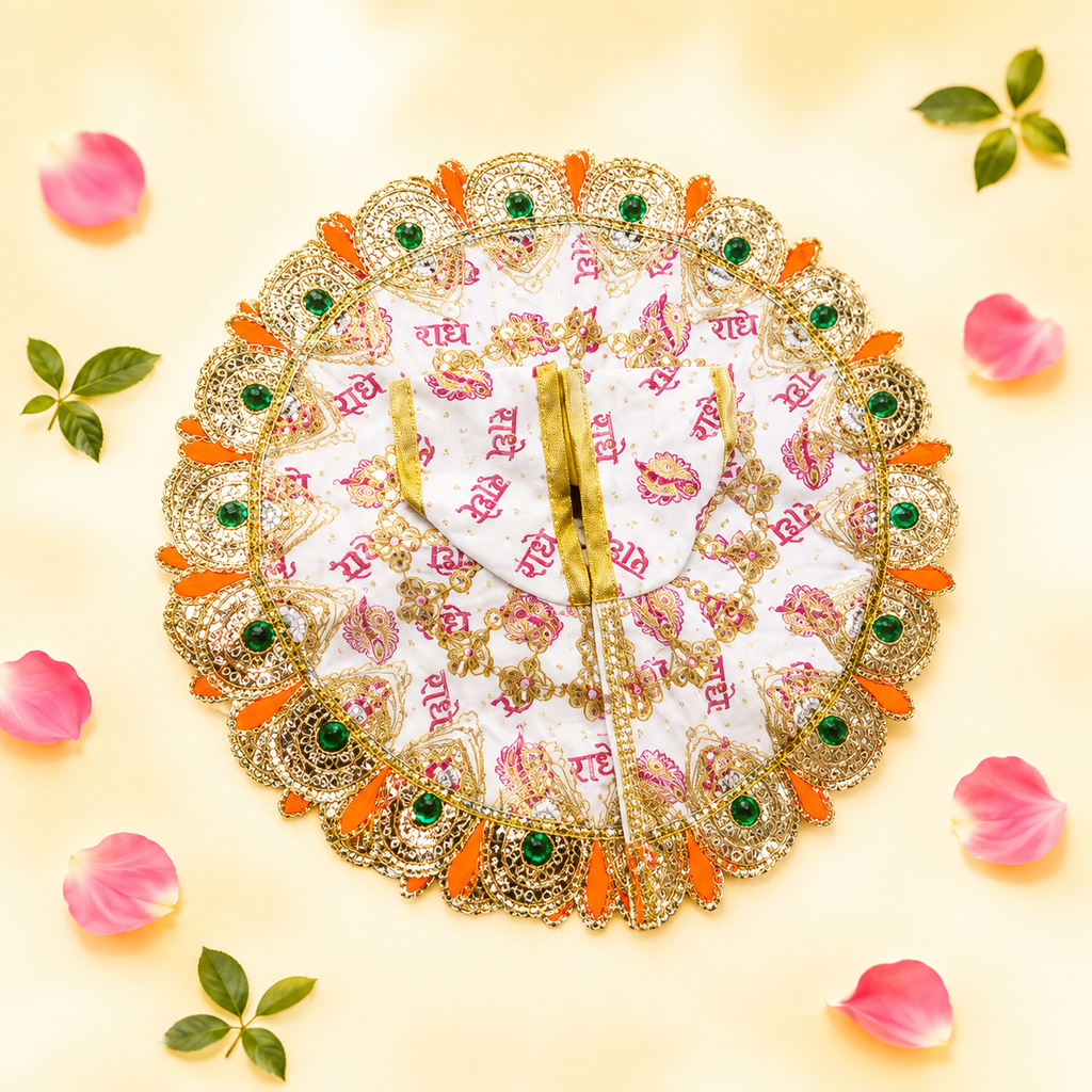 White & Pink "Radhe Radhe" Printed Laddu Gopal Poshak with Heavy Gold & Stone Border