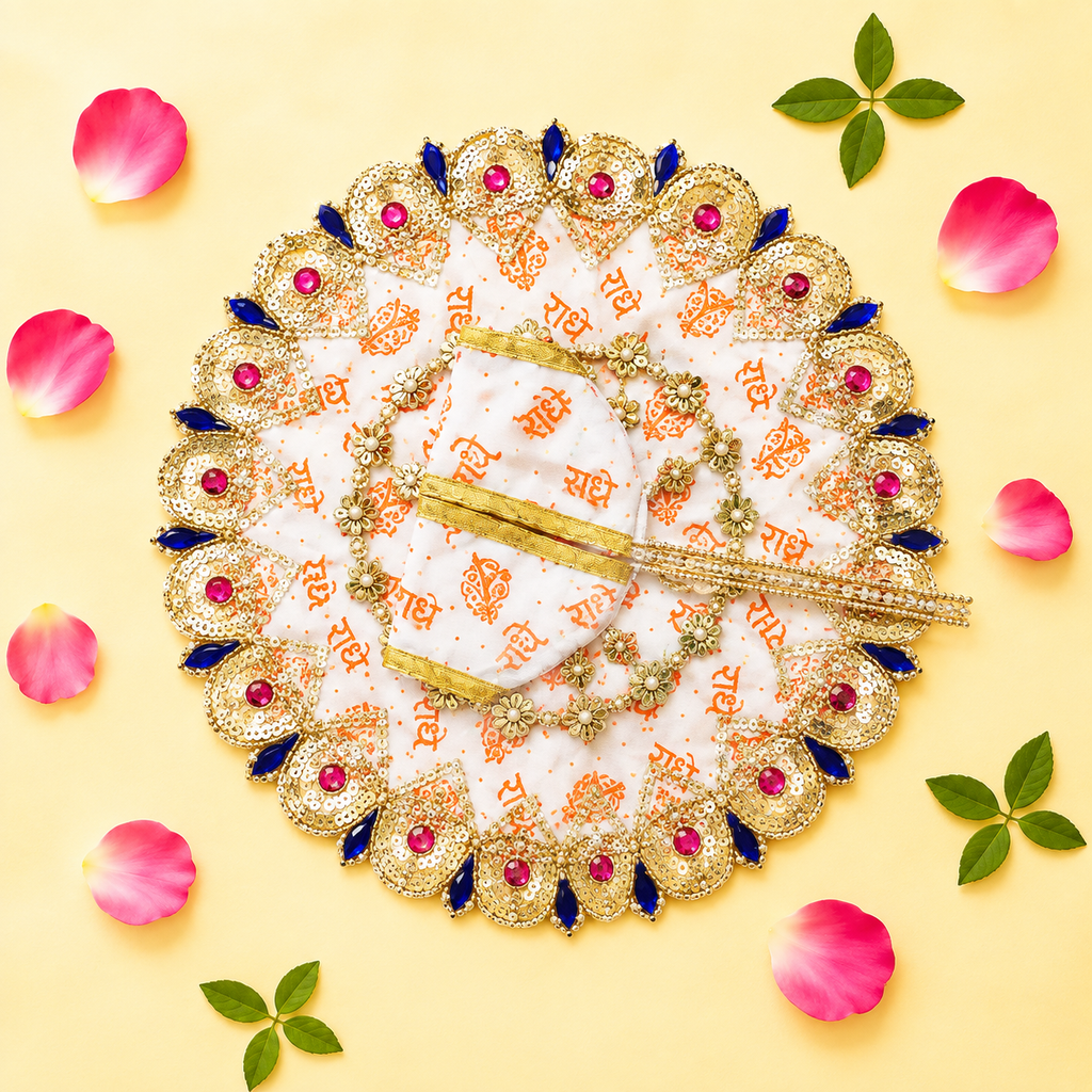 White & Orange"Radhe Radhe" Printed Laddu Gopal Poshak with Heavy Gold & Stone Border