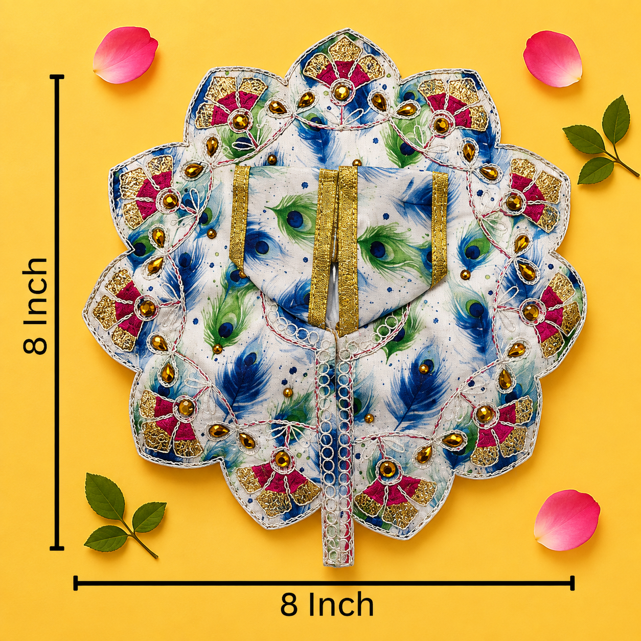 Elegant White & Blue Peacock Feather Print Laddu Gopal Poshak with Pink Scalloped Border