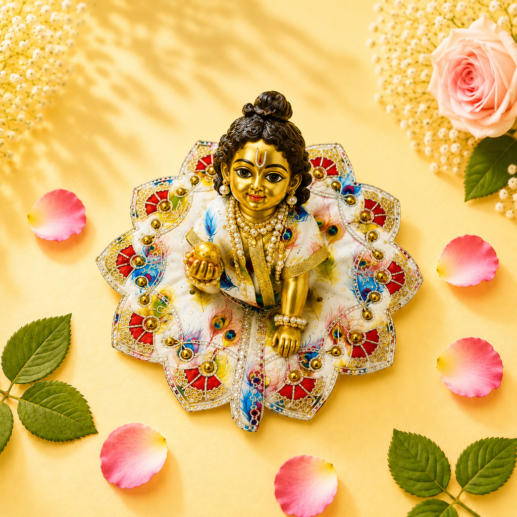 Elegant White & Blue Peacock Feather Print Laddu Gopal Poshak with Pink Scalloped Border