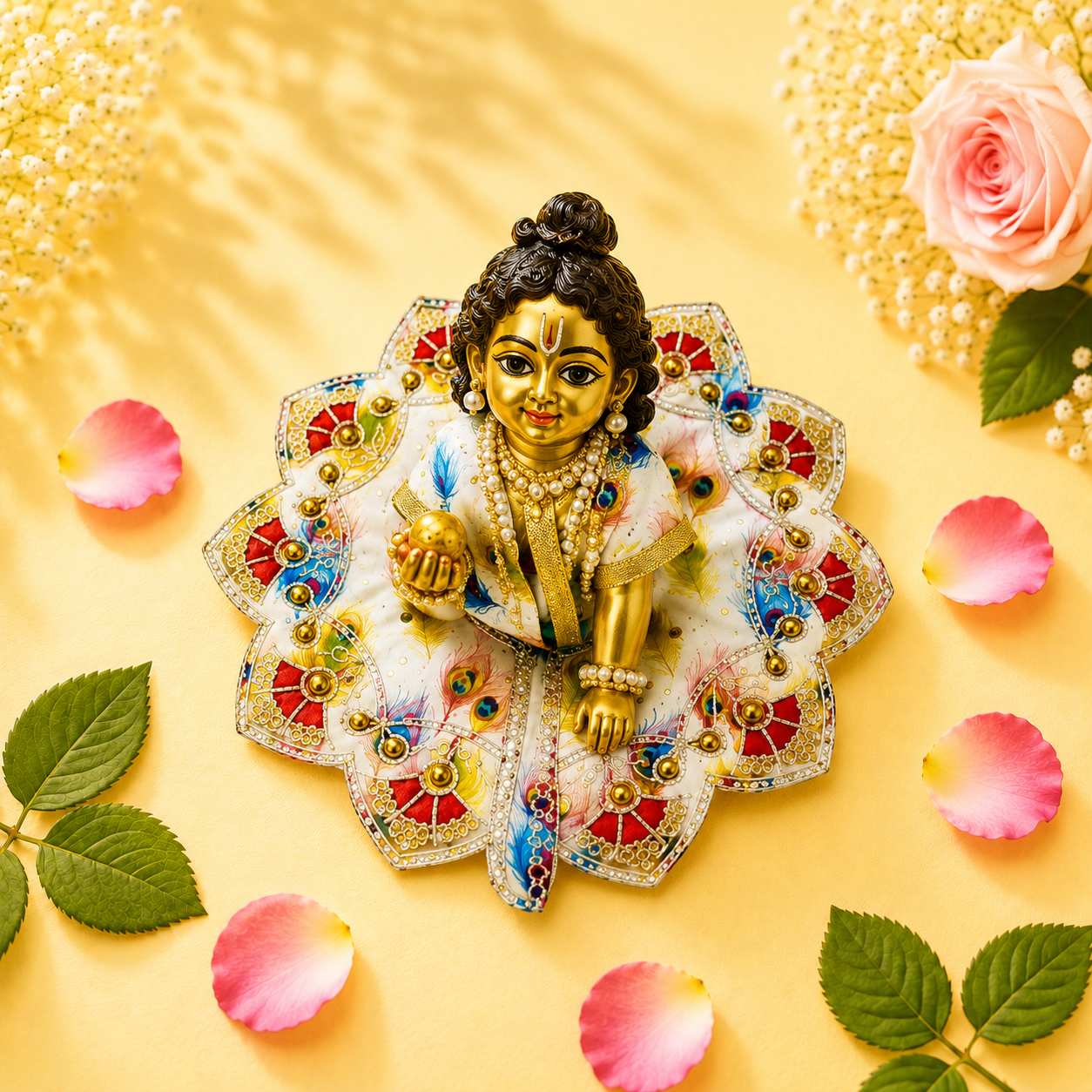 Elegant White & Blue Peacock Feather Print Laddu Gopal Poshak with Pink Scalloped Border