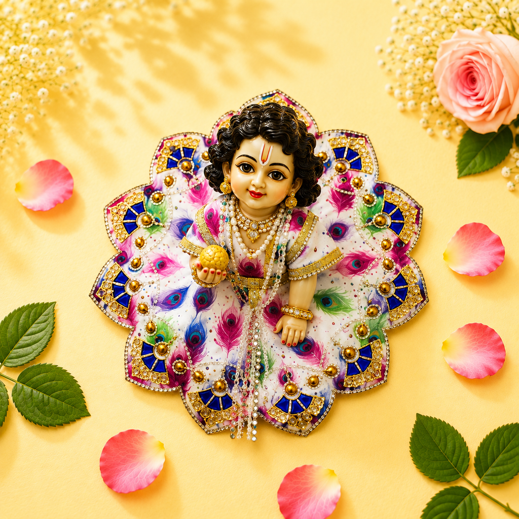 Elegant White & Pink Feather Print Laddu Gopal Poshak with Scalloped Border
