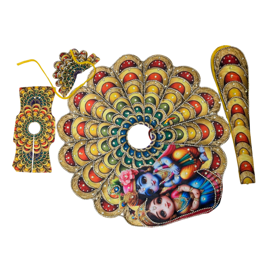 Yellow Krishna-Radha Printed Peacock Mandala Poshak Set