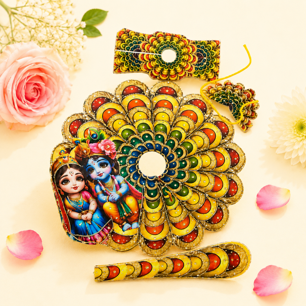 Yellow Krishna-Radha Printed Peacock Mandala Poshak Set