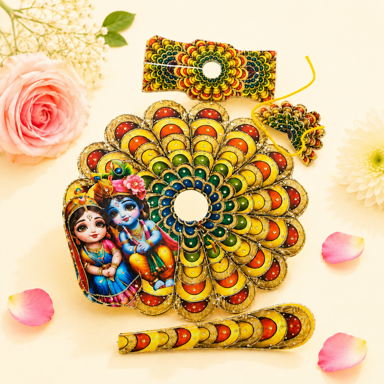 Yellow Krishna-Radha Printed Peacock Mandala Poshak Set