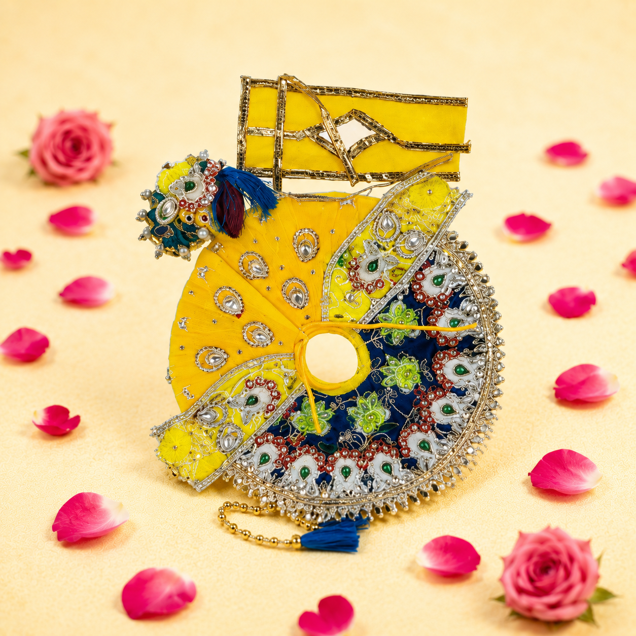 Yellow & Navy Blue Peacock Sequin Ladoo Gopal Poshak Set
