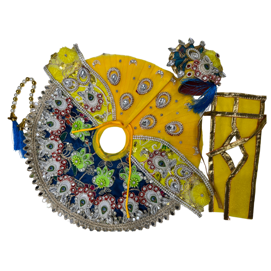 Yellow Peacock Feather Kundan Ladoo Gopal Poshak – Complete Set Display
