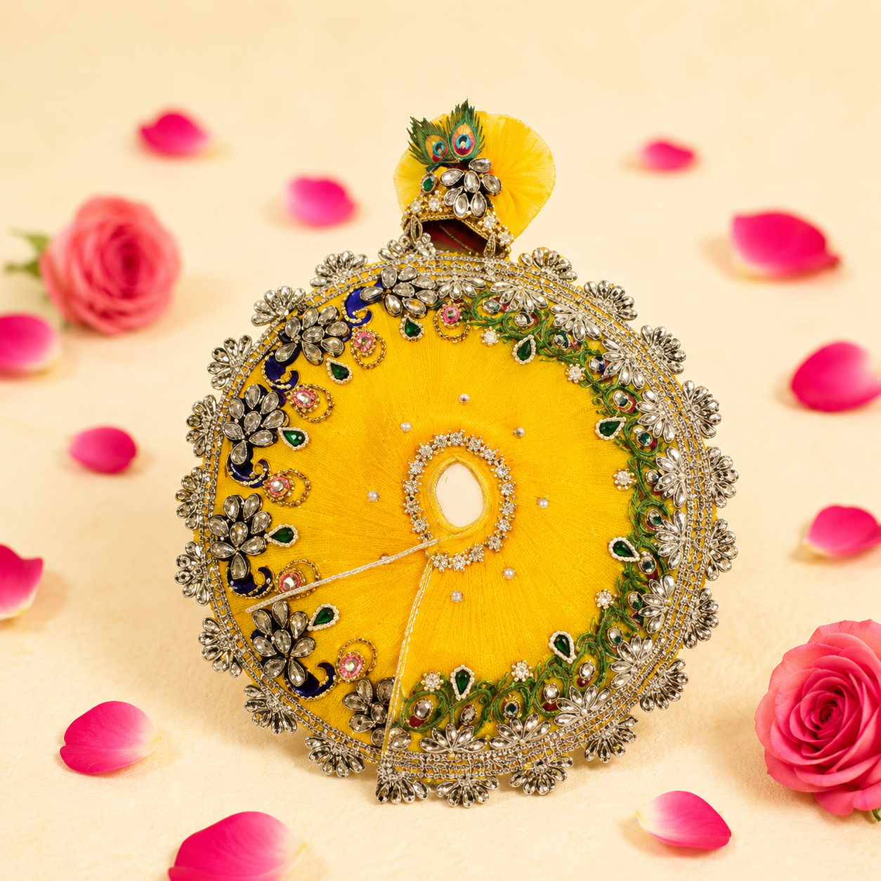 Yellow Peacock Feather Kundan Ladoo Gopal Poshak – Complete Set Display