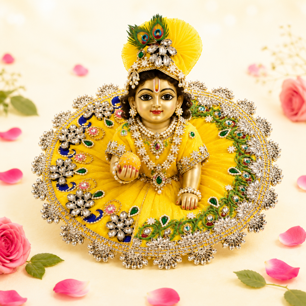 Yellow Peacock Feather Kundan Ladoo Gopal Poshak – Complete Set Display
