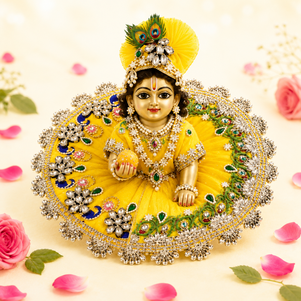 Yellow Peacock Feather Kundan Ladoo Gopal Poshak – Complete Set Display