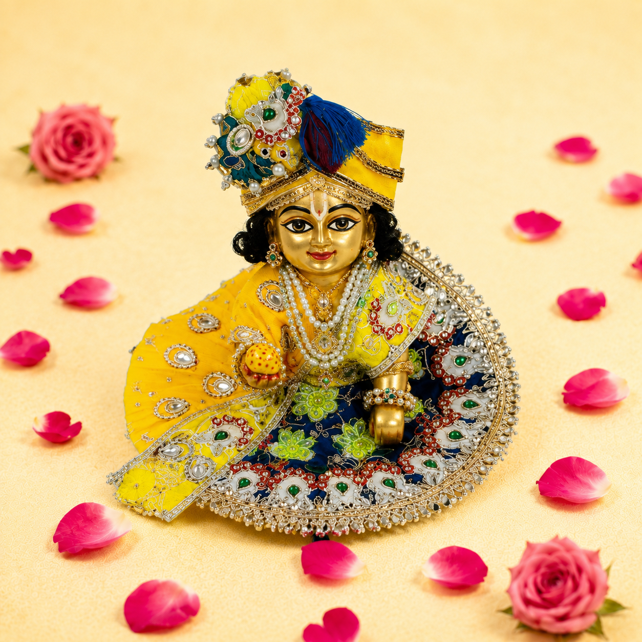 Yellow & Navy Blue Peacock Sequin Ladoo Gopal Poshak Set