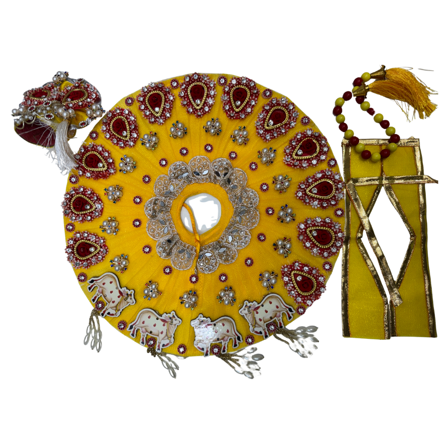 Yellow & Red Embroidered Cow Motif Ladoo Gopal Poshak Set
