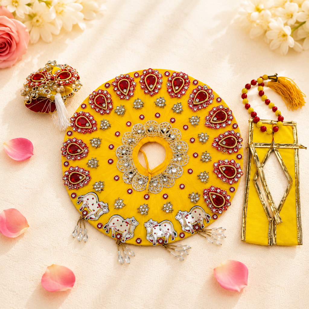 Yellow & Red Embroidered Cow Motif Ladoo Gopal Poshak Set