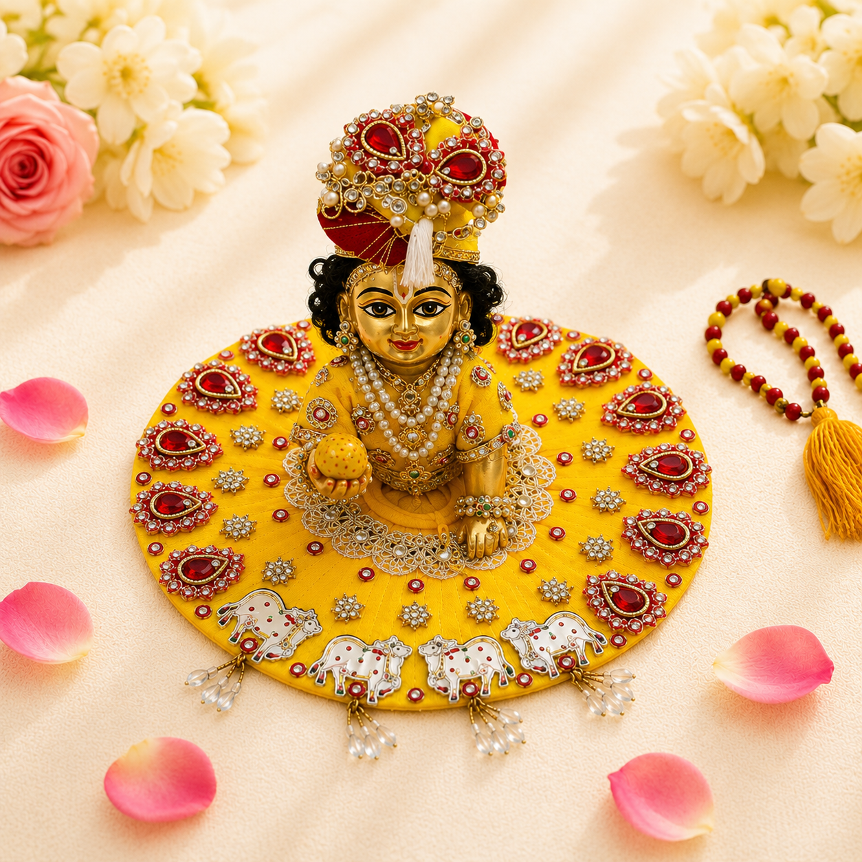Yellow & Red Embroidered Cow Motif Ladoo Gopal Poshak Set