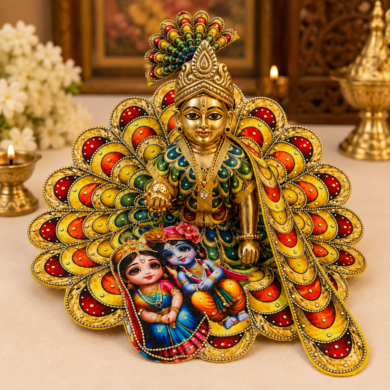 Yellow Krishna-Radha Printed Peacock Mandala Poshak Set