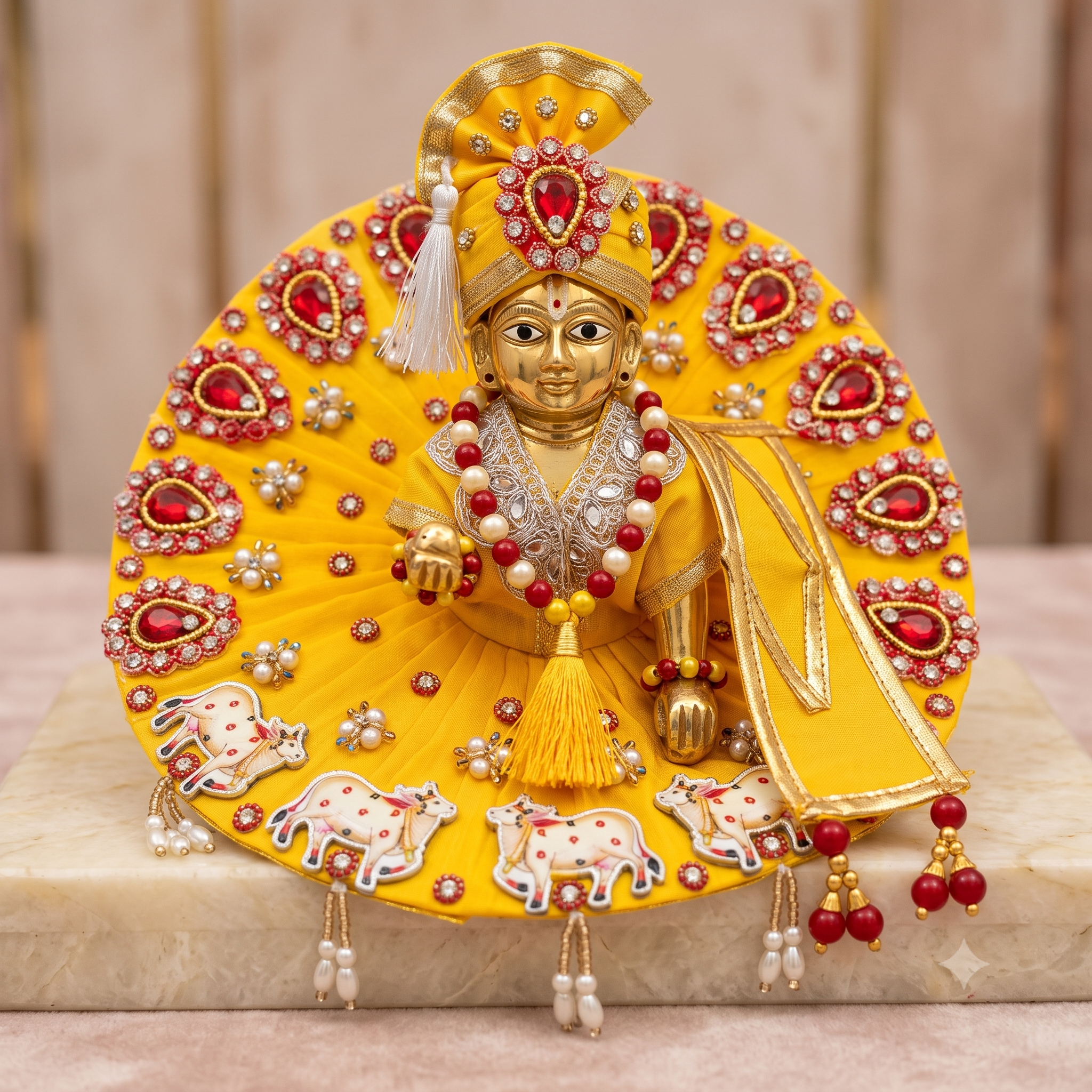 Yellow & Red Embroidered Cow Motif Ladoo Gopal Poshak Set